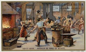 Železo a ocel. Interiér rušné kovárny (chromolitho) od French School