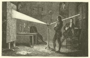 Isaac Newton rozkládá světlo (rytina) od French School