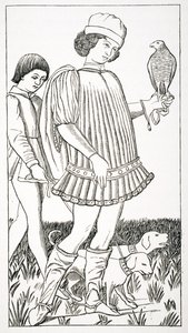 Italský šlechtic držící jestřába, podle hrací karty vyryté do mědi, kolem roku 1460, z „Le Moyen Age et La Renaissance“ od Paula Lacroixe (1806-84), vydaného v roce 1847 od French School