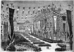 Sjednocení Itálie, Turín, 2. dubna 1860: výzdoba zámeckého náměstí (Piazza Castello) u příležitosti otevření italského parlamentu. Rytina v „“ Le Monde Illustré““ č. 157 ze 14. dubna 1860. od French School