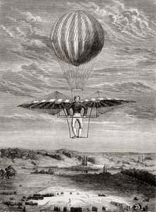 Ornitoptéra Jacoba Degena z roku 1808 s klapkami, v níž pilot stál na pevném rámu a ovládal křídla pomocí pohyblivé vodorovné tyče, z knihy "Les Merveilles de la Science", vydané kolem roku 1870 (litografie). od French School