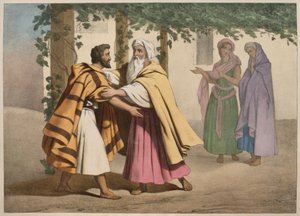 Jacob s Labanem a jeho dcerami, ilustrace z katechismu LHistoire Sainte, vydal Charles Delagrave, Paříž, konec 19. století od French School