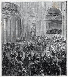 Jacques Babinet (1794 - 1872), francouzský fyzik a astronom na slavnostním setkání pěti akademií v roce 1840 - Rytina v „Vědách dosažitelných všem – fyzika a chemie“ od Alexise Clerca – Konec 19. století. Soukromá sbírka. od French School