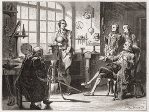 James Watt (vynálezce parního stroje v roce 1769) ve svém obchodě v Glascow - v „“ Album of Science; věhlasní vědci; Velké objevy “”” 1896. od French School