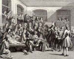 Jansenismus: křeči na hřbitově Saint-Médard na hrobě jáhna Parîse (1690 - 1727), kde se děly „zázraky“. tisk z 18. století. od French School