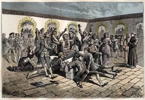 Jansenist convulsionary (nebo Saint Medard) (Díla křečí) v 18. století: „“ nemocní a nemohoucí jdou na hřbitov saint-medard (kde se nachází hrob jáhna Francoise Paris), aby tam byli zázračně gueris“ (Cvičení Convulsionnaire - Con od French School
