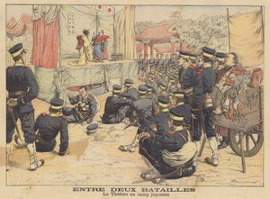 Japonští vojáci si užívají divadelní představení ve svém táboře během rusko-japonské války (barevná litografie) od French School