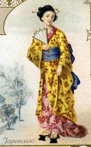 Japonka. Edice pařížská litografie, konec 19. století. Série 25 reklamních chromů pro dijonskou výrobnu Biscuits Pernot, vytvořená v roce 1869. Detail postav v tradičním kroji od French School