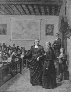 Jean Baptiste De La Salle (Jean-Baptiste) 1651-1719 Francouzský řeholník, zakladatel kongregace bratří křesťanských škol, ukazuje jednu ze svých škol panu de La Chetardiemu. Rytina z konce 19. století. od French School