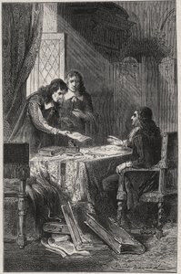 Jean Chapelain (1595-1674) francouzský básník a literární kritik a Pierre Costar (1603-1660) dal Jeanu Baptiste Colbertovi (1619-1683) seznam spisovatelů, kteří si zaslouží být králem důchodci - rytina „Les Hommes Celebres de la Francie“ od Louise Dumase 1 od French School