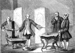 Jean JALLABERT (1712-1768), švýcarský fyzik, objevuje elektřinu na ostrých předmětech (Power of the Pointe od FRANKLIN). rytina 1867 od French School
