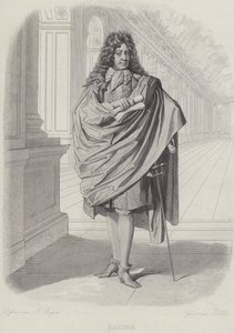 Jean Racine, francouzský dramatik, v zrcadlovém sále ve Versailles (rytina) od French School