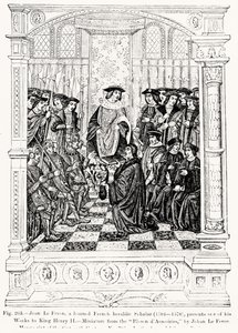 Jean le Feron (1504-70) představuje jedno ze svých děl králi Jindřichu II. (1519-89) z Blason dArmoires od Jeana le Ferona, ilustrace z vědy a literatury ve středověku a renesanční spis od French School