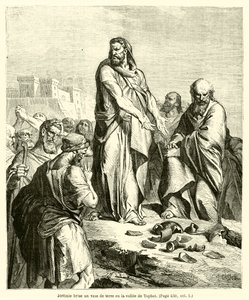 Jeremy rozbije hliněnou nádobu v údolí Tophet (rytina) od French School