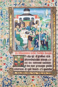Ježíš jedl v domě výběrčího daní, Zacheus a vjezd do Jeruzaléma, miniatury z Lukášova evangelia od French School