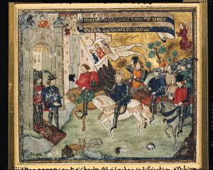 Johanka z Arku (1412-31) Oznámení osvobození Orleansu Karlu VII (1403-61) v Loches od French School