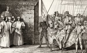 Johanka z Arku (1412-31) přijíždí do Remeše v roce 1429, aby se zúčastnila korunovace Karla VII. (1403-61) z „Histoire de France“ od Colarta, vydaného kolem roku 1840 od French School