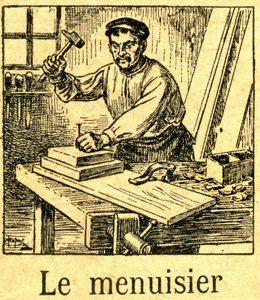 Truhlář výsadba tip (hřebík) s kladivem v sestavě desek na jeho lavici. Rytina slabikáře (čítanky) kolem roku 1920. od French School