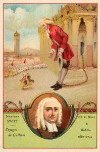 Jonathan Swift, irský autor, a scéna z jeho románu Gulliver
