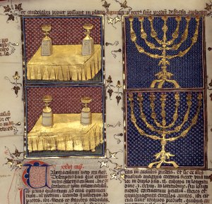 Judaismus: „“návrhové stoly a svícny používané v hebrejských obřadech“““ Miniatura převzatá z „“ Komentáře k Bibli““ od Nicholase de la Lyry (13. století) od French School