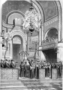 Judaismus: slavnostní přijetí vrchního pařížského rabína Zadoca Kahna (1839-1905) v synagoze na rue Notre Dame de Nazareth, 13. ledna 1869. Vrchní rabín přednesl „Modlitbu za císaře““. Rytina v ""The Illustrious World"" č. 615 z 23 ja od French School