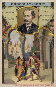 Jules Massenet, francouzský skladatel, a scéna z jeho opery Le Cid (chromolit) od French School