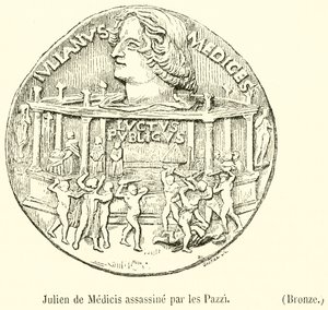 Giuliano de Medici zavražděn Pazzi, bronz (rytina) od French School