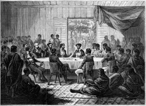 Kabar (setkání) francouzských důstojníků a madagaskarských náčelníků zastupujících královnu Ranavalo Manjaka I (Ranavalona). Madagaskar od French School