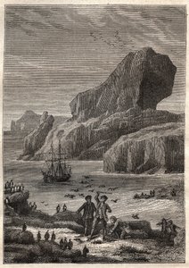 Kerguelenské ostrovy. Ilustrace k Velkým navigátorům 18. století od Julese Verna - James Cook aux Iles de Kerguelen en 1776 (souostroví Kerguelen nebo Iles de la Desolation) - v „Planičáři 18. a 19. století - ilustrace od French School