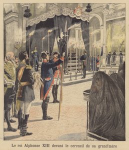 Španělský král Alfons XIII. před rakví své babičky, královny Isabely II (barevná litografie) od French School