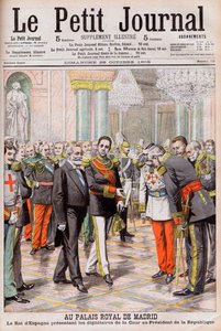 Španělský král Alfonso XIII. představuje svůj dvůr francouzskému prezidentovi Emile Loubetovi v královském paláci v Madridu. V královském paláci v Madridu. Španělský král Alfonso XIII. představuje dvorské hodnostáře prezidentovi republiky Loubetovi od French School