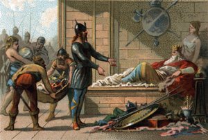Král Chlodvík III. zvaný Le Feneant, francouzský král v letech 691 až 695. Chromolitografie kolem roku 1890. od French School