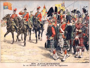 Král Edward VII. přezkoumává jednotky Vysočiny. V Anglii. Král Edward VII (1841-1910) absolvující přehled horalů. Ilustrace pro Le petit Journal, 8. října 1905. od French School