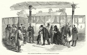 Francouzský král Louis-Philippe přijíždějící na nádraží Croydon poté, co byl nucen odejít do exilu, únor 1848 (rytina) od French School