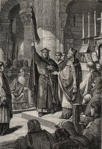 Král Ludvík VII. (1120-1180) přebírá oriflame v bazilice Saint Denis (Saint Denis) za přítomnosti královny Alienor Akvitánské a přijímá čmeláka a pannetiere z pelerinu z rukou papeže Evžena III. (? -1153) před jeho odjezdem od French School