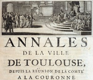 König Philipp der Kühne in Toulouse im Jahr 1272 in „Annales de la ville de Toulouse“ von Germain de Lafaille, Toulouse von French School