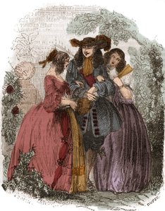 Francouzský král Ludvík XIV. (1638-1715) s Hortense Mancini (1646-1699) a jeho sestrou Marií Mancini (1639-1715). Mazarinovy neteře. Rytina 19. století. od French School