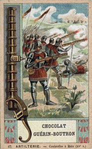 Rytíř manévrující ruční coulevrine z 15. století. Chromolitografie čokolád Guérin-Boutron z 19. století. od French School