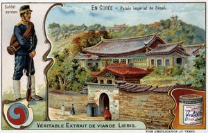 Korea: Soulský císařský palác a kostým vojáka – Liébig chromo, v.1900 od French School