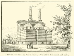 Budova krematoria Pere-Lachaise, vnější pohled na památník, zadní fasáda (rytina) od French School