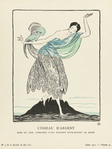 Stříbrný pták. Večerní šaty, skládající se ze šátku obepínajícího bustu z hospody La Gazette du Bon Ton. 1914 (tisk šablony) od French School