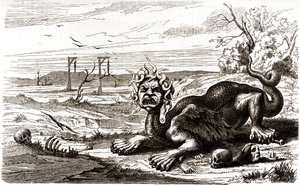 La Frond (1648-1653): obludné zvíře s hadí srstí, které stojí nad lidskými mrtvolami a kostrami. od French School