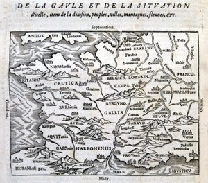 Galie, její řeky a hory – v „Univerzální kosmografii na konci světa“ od Françoise de Belle Forest, ed. Sonnius, Paříž od French School