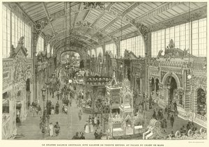 Velká centrální galerie, známá jako třicetimetrová galerie, v Palais du Champ de Mars (rytina) od French School
