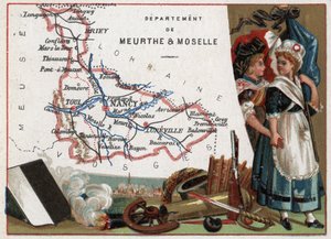 La Meurthe et Moselle (Meurthe-Et-Moselle, 54), Lorraine, Francie. Portrét dvou revolučních žen. Seriál o francouzských departementech. Chromolitografie (Chromo) „“zeměpisné vlákno“, kolem roku 1920. Soukromá sbírka. od French School
