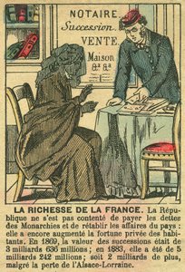 La Riche de la France, který ilustruje přínos třetí republiky pro osobní obohacení Francouzů. Rytina, příloha listu "Le Figaro", 30. 3. 1889, Paříž. od French School