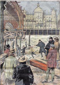 La Seine gelee, poblíž železného mostu postaveného pro univerzální výstavu, vedle Pont des Invalides, zima 1899. Rytina v „“Le Pelerin““ 31. 12. 1899. od French School