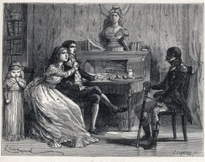La Terreur během francouzské revoluce: Camille Desmoulins (1760-1794), vězněn, přijal návštěvu své manželky Lucile (1770-1794) a marechala Guillaume Brune (1763-1815) od French School