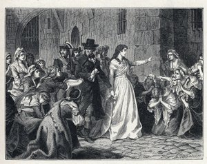 La Terreur během francouzské revoluce: Madame Jeanne Marie Roland de la Platiere (1754-1793) opouští věznici Concierge, aby se dostala před revoluční soud v roce 1793. Jeho kodexy mu klečí v cestě. od French School