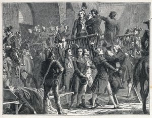 La Terreur během revoluce Francaise: Girondinové odsouzení k smrti odcházejí na lešení a zpívají vlastenecké písně od French School